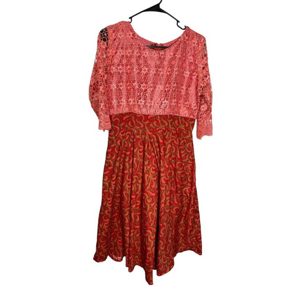 Handmade 14 Pink Red Lace Paisley Fit & Flare Dress Crochet‎ Sleeve Cottagecore